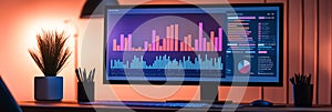 Computer screen displaying data graphs and charts on a desk with plants near by