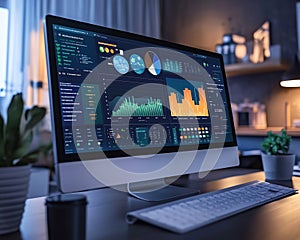 Computer screen displaying data visualizations on a desk with keyboard nearby