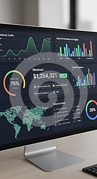 Computer screen displaying a digital dashboard with various analytics. The interface