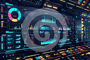 A computer screen displaying a futuristic dashboard filled with real-time data and analytics. Generative AI