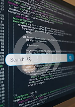 Computer screen displaying lines of colorful programming code in a text editor, with a
