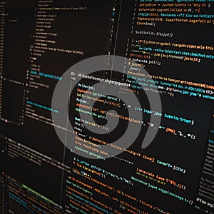 Computer screen displaying multiple panels of code with a dark background and