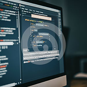 Computer screen displaying programming code with syntax highlighting in an