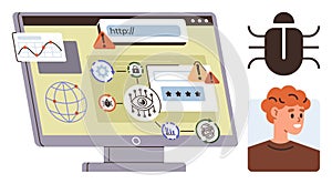 Cybersecurity Risks Highlighted on Computer Screen with Alerts, Malware, and User Identity