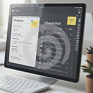 Computer screen displaying a software interface with a checklist and notes. The
