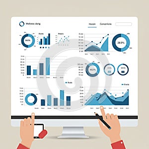 Computer screen displaying various data visualizations, including pie charts, bar