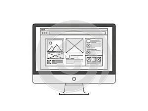 Computer screen displaying wireframe design