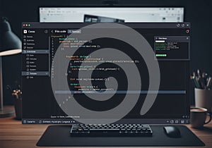A computer screen displays a code editor interface with colorful syntax highlighting for keywords