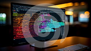 Computer screen displays colorful coding lines with keyboard technology concept for software development and programming on dark