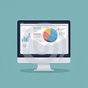 A computer screen displays data analytics, featuring a colorful pie chart and various bar