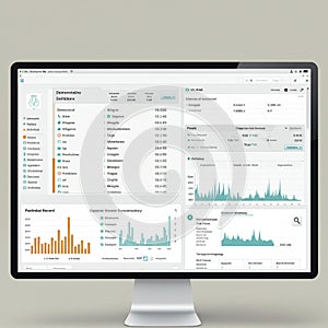 A computer screen displays a data dashboard interface with charts and tables. The