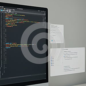 A computer screen displays a development environment with code written in a dark-