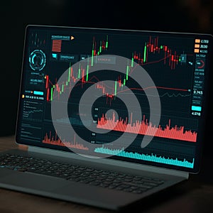 A computer screen displays dynamic financial data, featuring a colorful candlestick