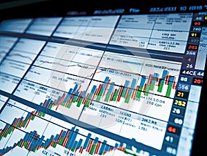 Computer screen displays financial report and growth graph