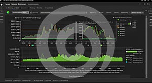 A computer screen displays server bandwidth usage statistics. Various graphs