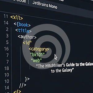 Differentiates tags attributes and text. The cursor is visible