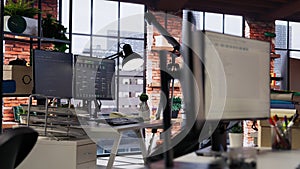 Computer screen in empty software development agency showing code