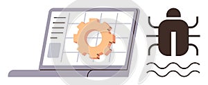 Laptop with software gear and bug representing application development and debugging