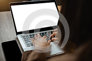 Computer screen, hand women work using laptop.with white background for advertising, contact business search information on desk