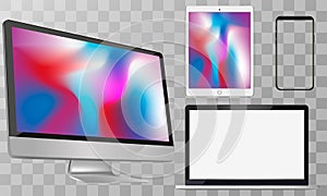 Computer Screen, Laptop, Tablet PC, Smart Phone Vector illustration.