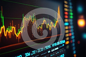 Computer screen monitors with statistic financial graphs, analytics and statistics, Generative Ai