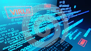 Computer screen with programming code, concept of computer security, malware, virus or hacker attack. 3d illustration.