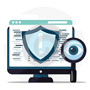 Computer screen with shield warning and magnifying glass showing eye.