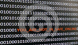 Computer screen shot with binary code and warning text, concept for computer, technology and online security.