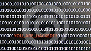Computer screen shot with binary code and warning text, concept for computer, technology and online security.