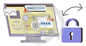 Internet security concepts with browser interface, warning icons, and cybersecurity elements