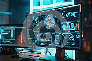 Computer screen showing futuristic brain scan interface in a modern laboratory