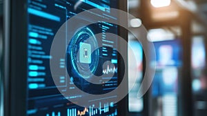 Computer screen showing futuristic interface with cpu and data analysis charts for cyber security