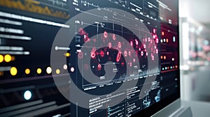 Computer screen showing futuristic interface displaying complex data analysis and information processing