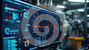 Computer screen showing futuristic interface with graphs and statistics in a technological laboratory