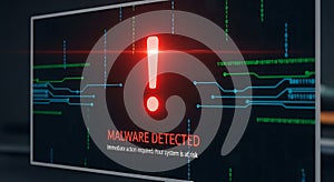 Computer Screen Displaying Malware Detected Alert with Exclamation Mark warning security