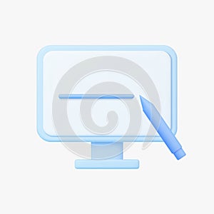 Computer screen with writing pen 3d vector icon.