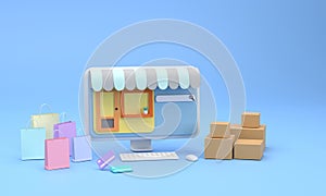 Computer screens, online shopping, cardboard boxes, and paper bags, along with credit cards. Current lifestyle towards online