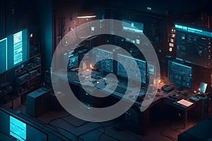 A computer screens and wires futuristic environment a cybersecurity image generated by Ai photo