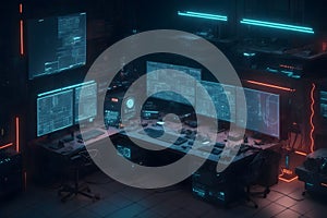 A computer screens and wires futuristic environment a cybersecurity image generated by Ai photo