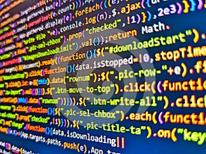 Computer script coding source code on desktop monitor. Computing, cyberspace , future and innovation concept. Computer program.
