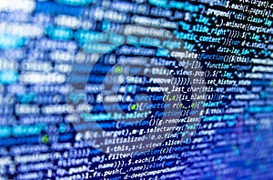 Computer script coding source code on desktop monitor. Php language and coding function developer. Developing programming binary