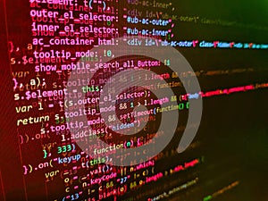 Computer script coding source code on desktop monitor. Programming source code abstract screen of software developer. New
