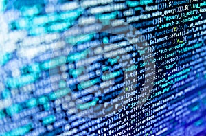 Computer script coding source code on desktop monitor. Screen of code for overlay background. Software background technology. The