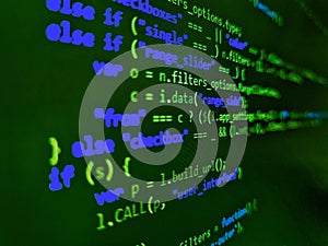 Computer script coding source code on desktop monitor. Software developer programming code. Web or application development,