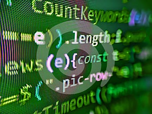 Computer Script. Digital binary data on computer screen. HTML code on computer screen  on background. . Developing