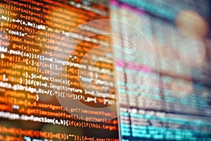 Computer script. Web develop company web interface icon for software design concept. PHP code abstract technology background