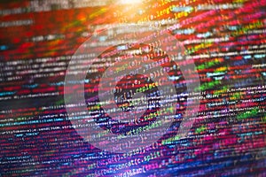 Computer script. Web develop company web interface icon for software design concept. PHP code abstract technology background