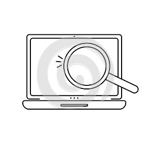 Computer search icon in flat style. Laptop with magnifying glass vector illustration on white isolated background