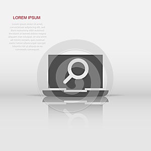 Computer search icon in flat style. Laptop with magnifying glass vector illustration on white isolated background. Device display