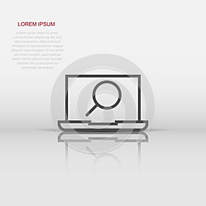 Computer search icon in flat style. Laptop with magnifying glass vector illustration on white isolated background. Device display